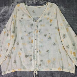 Como Blu Womens Button Up Top 2X Pale Yellow Floral Tie‎ Waist Cottage Peasant